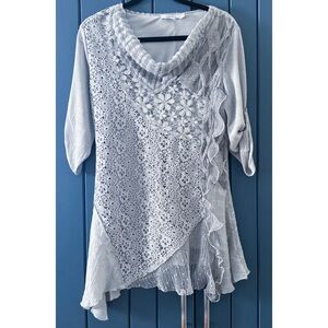 Feratelli Lightweight Light Gray Floral Lace Tunic Sweater Sz Small Whimsigoth